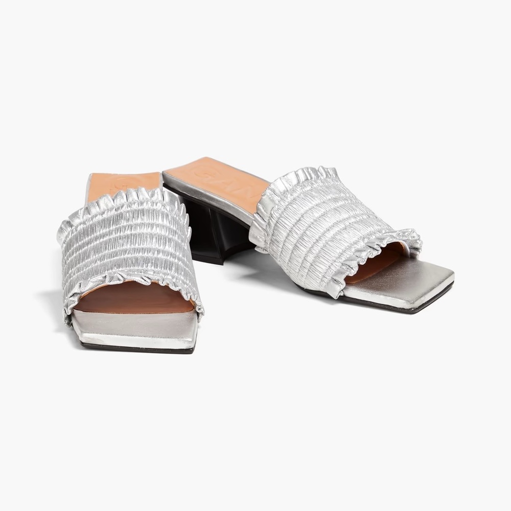 Ganni Silver Ruffled Slide Sandals